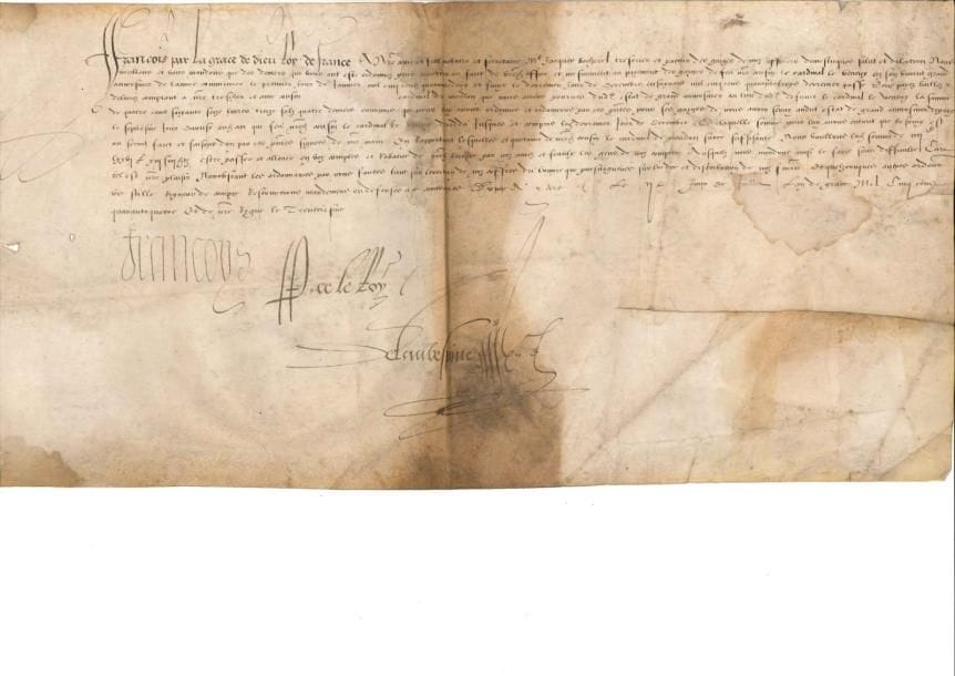 FRANÇOIS Ier. P.S., Yerres 7 juillet 1544; contresignée par le secrétaire d'État Claude de L'Aubespine; vélin oblong in-fol. (brunissure au centre et lég. mouill.). Ordre à son trésorier Jacques Bochetel de payer, sur les sommes réservées au paiement des gages de « feu nostre cousin le cardinal Le Veneur en son vivant grand aumosnier », la somme de 476 livres 13 sols et 4 deniers tournois au cardinal de Meudon, son successeur dans l'état de « grand aumosnier ».