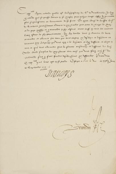 FRANÇOIS II (1544-1560) Roi de France. L.S., Bar-le-Duc 28 septembre 1559, au Capitaine des bandes françaises en la ville de Metz et pays Messin; contresignée par le secrétaire d'État Jacques Bourdin; 1 page in-fol., adresse (portrait gravé joint). Très rare lettre de la seule année de règne de ce jeune roi de quinze ans. Ayant été averti de l'indisposition du Sieur de Vieilleville, il l'a autorisé à « se retirer en sa maison pour quelque temps, affin de pourveoir plus songneusement au recouvrement de sa santé », il a nommé le seigneur de Senetaire, gentilhomme de sa chambre, « pour avoir la charge de Metz et du pays messin, et y commander en son absence comme aussi en tous les aultres lieux estans de son gouvernement ». Il ordonne au capitaine, sous peine « de me desobeyr et desplaire et dencourir mon indignation que vous ayez à le respecter et luy deff erer et obeyr en tout »...*