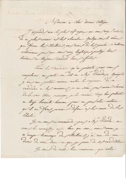Louis-Antoine GARNIER-PAGÈS (1803-1878)
Homme politique. L.A.S., Paris 10 octobre 1837, à M. Hernoux, ex-député à Dijon; 1 page et demie in-4, adresse. Il regrette l'intention de son ancien collègue de quitter la Chambre: « vos amis de la gauche n'oublieront certainement pas que vous avez longtemps partagé leurs travaux et toujours secondé leurs eff orts ». Parmi ses successeurs, il remarque Louis Viardot: « je le connais trop bon patriote et trop honnête homme pour ne pas être certain qu'il ne fera jamais défaut à la cause de la liberté »... On joint une L.A.S. de Frédéric Passy à Louis Viardot (1868); une carte de visite avec 2 lignes autogr. de G. Picquart; 7 L.A.S. du chirurgien Paul Segond à la famille Viardot (1881-1912); 2 L.A.S. de Gyp à Juliette Adam; 2 photographies de Gambetta