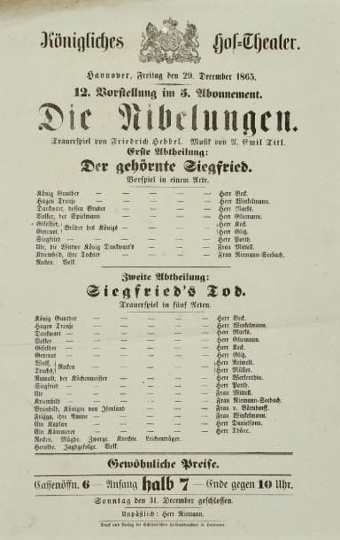 HANOVRE
Environ 540 affiches du Königliches Hof-Theater, 1863-1866; grand in-fol. ou in-fol.; en allemand. Affiches du programme du jour, avec la distribution des rôles d'opéras ou de tragédies et les noms d'interprètes des spectacles et concerts: sont joués Mozart, Beethoven, Meyerbeer, Weber, Wagner, Adam, Auber, Kreutzer, Boieldieu, Méhul, Flotow, C. Blum, Winterfeld, Goethe, Schiller, Lessing, etc. Rare collection