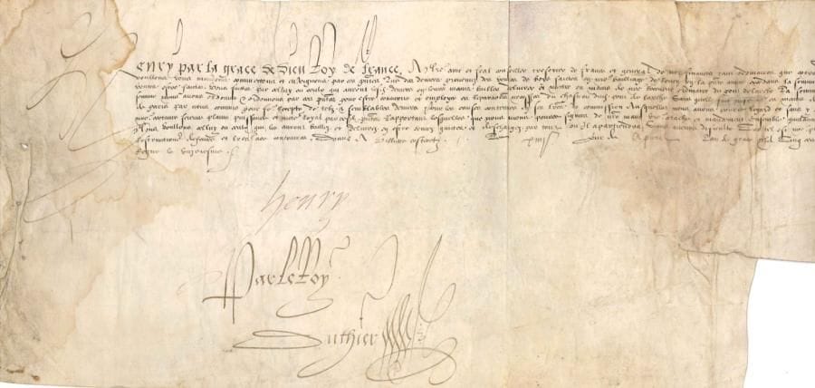 HENRI II (1519-1559) Roi de France. P.S., Villers-Cotterêts 14 avril 1556; contresignée par le secrétaire d'État Jean du Thier; vélin obl. in-fol. (lég. mouill., portrait gravé joint). Ordre au trésorier et général de ses finances de Rouen de payer, sur les fonds provenant des ventes de bois faites dans bailliage de Rouen, la somme de 2300 livres tournois au receveur du Pont de l'Arche « pour estre convertie et employée es reparations necesseres du chasteau dudit Pont de l'Arche »...*