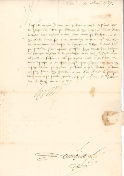 HENRI II (1551-1589) Roi de France. L.S., Paris 10 mai 1587, au marquis de Pisani, ambassadeur à Rome; contresignée par le secrétaire d'État Nicolas de Neufville; 1 page in-fol., adresse avec sceau sous papier aux armes (portrait gravé joint). Le Roi charge son ambassadeur de présenter au Pape une lettre afin d'obtenir son soutien pour « les permutations des Evesché de Lymoges, et Abbaye de Sainct Just que pretendent faire ensemble Messires Jehan de Laubespine, evesque dud. Lymoges, et Henry de La Martonnye Abbé dud. St Just »...*
