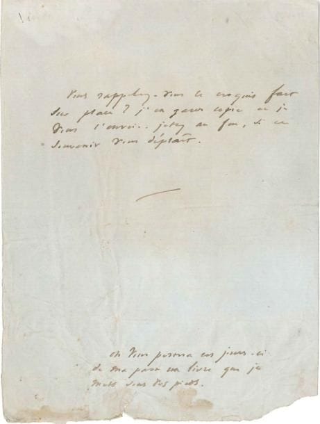 Victor HUGO (1802-1885)
L.A., 24 septembre; sur 1 page in-8. « Vous rappelez-vous le croquis fait sur place? J'en garde copie et je vous l'envoie... Jetez au feu, si ce souvenir vous déplaît ». Il ajoute: « On vous portera ces jours-ci de ma part un livre que je mets sous vos pieds ».*