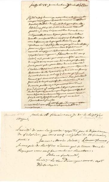 Théophile Malo Corret de LA TOUR D'AUVERGNE
L.A.S., Passy 18 germinal VII (7 avril 1799), à Le Brigant « homme de lettres » à Tréguier; 1 page in-8 remplie d'une petite écriture, adresse. Il lui écrit « au milieu des embarras inséparables de mon départ pour l'Armée du Danube. Ma santé [...] est à peu près ruinée; on a cependant assez d'égards pour ce qu'il m'en reste pour me juger encore en état de faire une nouvelle campagne. L'ordre vient de m'en être expédié avec urgence »... Il lui recommande ensuite un ami du Ministère de l'Intérieur qui cherche toujours à venir en aide « aux vrais savans. Ménagez beaucoup ce jeune homme, qui sans vous connaître s'est pénétrait pour vous de la plus profonde vénération, il a des amis puissans, et il peut vous être d'un grand secours »... On joint une L.A.S., Paris 15 frimaire VII (5 décembre 1798, 1 p. obl. in-12), demandant rectification d'un arrêté de nonémigration expédié par le département du Finistère