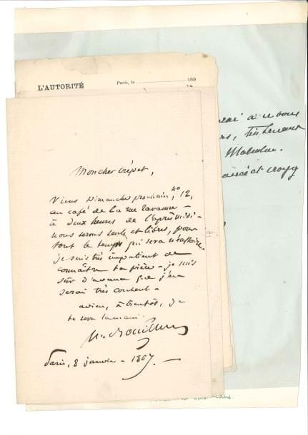 LITTÉRATURE. 60 lettres ou pièces, la plupart L.A.S. Louis Bouilhet (à Crépet), Jean-Baptiste Capefigue (2), Paul de Cassagnac (3), Boni de Castellane, Louis de Cormenin (2), Frédéric Degeorge, Casimir Delavigne, G.B. Depping, Évariste Dumoulin (5 à Léonard Gallois), Augustin Filon, Yves Guyot (6), Jullien de Paris (à Ph. Dupin), Anatole de La Forge (2), La Guéronnière, P. Lanfrey, Maurice Maeterlinck, Henri Martin, J.T. Merle, Charles de Montalembert (2), Henry Murger, J.B. Naudet, Pierre de Nolhac, Pitre-Chevalier (lettre avec poème), Baptistin Poujoulat, Adolphe Racot, H. de Saint-Georges, Paul de Saint-Victor, Casimir Stryenski (2), L.P. comte de Ségur, Hippolyte Taine, Louis Véron, etc. On joint 3 L.A.S. de peintres: Carolus-Duran, Gavarni et C. Troyon