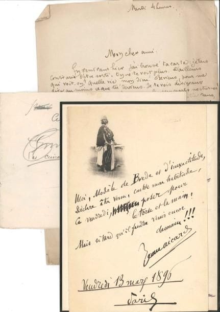 LITTÉRATURE. 29 L.A.S. (plus qqs cartes de visite). Jean Aicard (vers), Émile Bergerat (7 longues et amusantes lettres de jeunesse), Michel Bréal, Funck-Brentano, Sacha Guitry, Eugène Labiche, Ernest Lavigne (10), A. Mézières, Édouard Pailleron, Ernest Renan... On joint 6 lettres par Benjamin-Constant, Coquelin aîné, Éd. Detaille, F. Galipaux, J.J. Henner