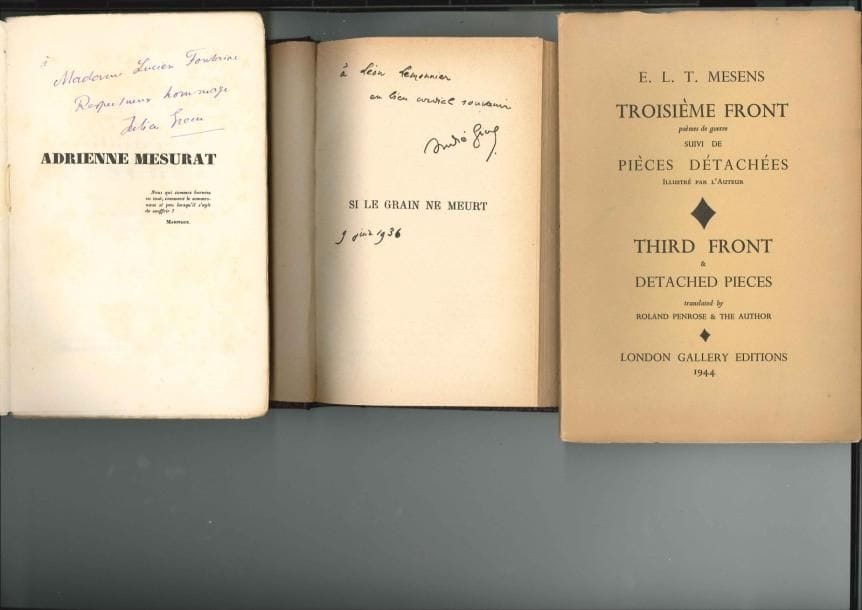 LIVRES DÉDICACÉS. 6 livres avec envois autographes signés. Marcel Arland, La Grâce (Gallimard, 1941, s.p.); André Gide, Si le grain ne meurt (Gallimard, 1928, 14e éd., cart.), dédic. à Léon Lemonnier; Julien Green, Adrienne Mesurat (Plon, 1927, sur Alfa), dédic. à Mme Lucien Fontaine; François Mauriac, Le Baiser au lépreux (Grasset, 1922), dédic. à M. de Freycinet; Paul Morand, Le nouveau Londres (Plon, 1962, éd. revue et corrigée, cart. d'éditeur), dédic. à Paul Mousset; Pierre Naville, Trotsky vivant (Julliard, 1962). On joint: E.L.T. Mesens, Troisième Front, poèmes de guerre, suivi de Pièces détachées, illustré par l'auteur (London Gallery Editions, 1944, n° 348 signé)
