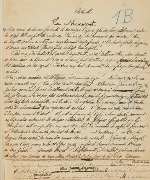 Jean LORRAIN
Manuscrit en partie autographe et signé, Astarté. Le Manuscrit, [1899]; 7 pages petit in-4 découpées pour impression et remontées sur onglets, rel. cart. Manuscrit du second chapitre de Monsieur de Phocas: Le Manuscrit, publié le 21 juin 1899 dans Le Journal, avant la publication du roman chez Ollendorff en 1901. C'est d'abord un portrait à plusieurs voix du duc de Fréneuse, devenu M. de Phocas, puis la transcription du premier manuscrit de son journal. Le premier quart du texte environ est de la main de Lorrain, qui cède ensuite la plume à sa mère, mais revoit soigneusement le texte avec des corrections autographes