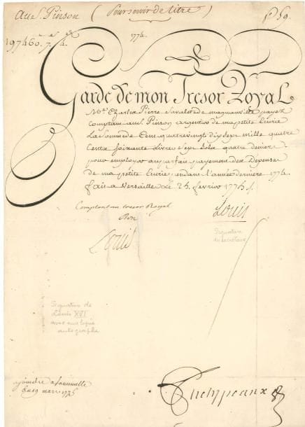 LOUIS XVI (1754-1793) Roi de France. P.S. « Bon Louis », Versailles 25 février 1775; contresignée par Phelypeaux; 1 page in-fol. à en-tête gravé Garde de mon Tresor Royal (2 lég. fentes réparées). Ordre de payer 197.460 livres 7 sols 4 deniers au S. Pinson, « argentier de ma petite écurie », pour les dépenses de la Petite Écurie pendant l'année 1774. La pièce est signée par le secrétaire de la main, puis visée et signée par le jeune Roi (qui sera sacré le 11 juin) avec le mot « Bon » de sa main. On joint une L.S. de Louis XV (secrétaire), contresignée par Phelypeaux, 22 décembre 1766, au comte de Jumilhac, gouverneur de la Bastille, pour mettre en liberté le S. Charette de la Gacherie (conseiller au Parlement de Bretagne, arrêté avec La Chalotais)