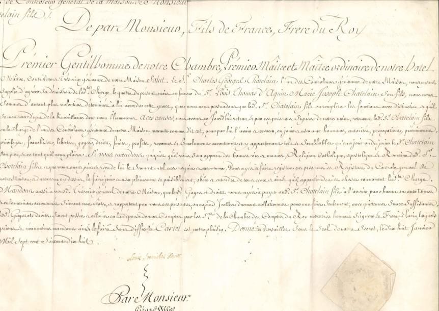 LOUIS XVIII (1755-1824) Roi de France. P.S. « Louis Stanislas Xavier », Versailles 18 janvier 1778; vélin obl. grand in-fol., sceau sous papier. Brevet de retenue de Contrôleur général de la Maison de Monsieur pour le Sr Chatelain fils, en remplacement de son père.*