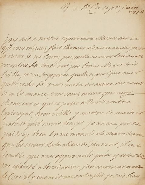 Françoise d'Aubigné, marquise de MAINTENON
L.A.S., Saint-Cyr 1er juin 1716, à Monseigneur l'Évêque de Chartres [Charles-François des Monstiers de Mérinville]; 1 page et demie in-4, adresse avec sceau de cire noire aux armes brisé. Belle lettre de Saint-Cyr. « J'ai dit à nostre supérieure [...] ce que vous m'avez fait lhoneur de me mander pour la visitte, je ne doutte pas quelle ne vous demande vos ordres. Sa santé n'est pas bonne elle est très foible, et on soupçonne quelle a quelque mal quelle cache [Marie de la Poype de Vertrieux mourra en eff et en décembre]. Sa severe vertu avancera ses jours [...] Vous savez mieux que moy [...] ce qui se passe à Paris contre lepiscopat, Dieu veille y mettre la main il paroist qu'il seroit temps ». Elle ne se porte « pas trop bien. On me mande de Maintenon que les Soeurs de la Charité s'en vont. Il me semble que vous approuvés qu'on y establisse une charité à lordinaire, jen escrirai à Mr le Curé, il y en avoit une autrefois »... Elle est bien aise « de ce que vous estes content des biens de la terre, on crioit desja que tout estoit perdu »...*