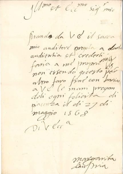 MARGUERITE D'AUTRICHE (1522-1586)
Fille naturelle de Charles-Quint, gouvernante des Pays-Bas. L.A.S. « Margarita d'Austria », Piacenza 27 mai 1568, au Seigneur de Parme et Piacenza; 1 page in-fol., adresse avec cachet cire rouge aux armes; en italien. Elle recommande son envoyé pour être reçu en audience et à qui on peut accorder foi comme à elle-même.
