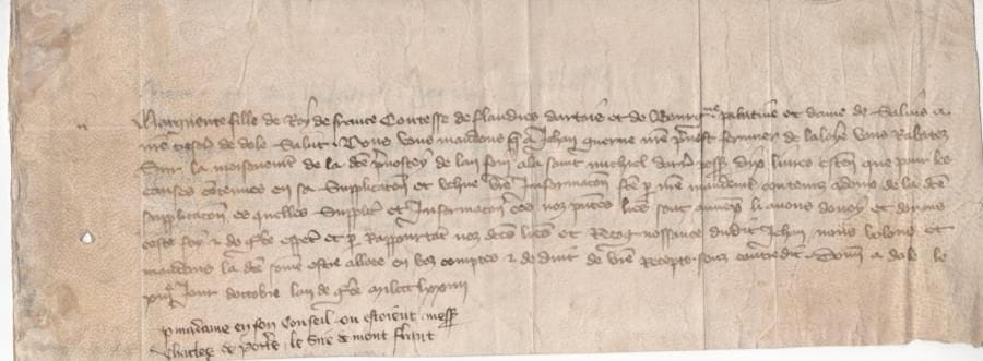 *. MARGUERITE DE FRANCE (1310-1382) fille de Philippe V le Long, épouse de Louis Ier de FLANDRE, comtesse de BOURGOGNE et d’Artois. CHARTE en son nom, Dole 13 octobre 1374 ; 2 pages sur vélin oblong in-8.
