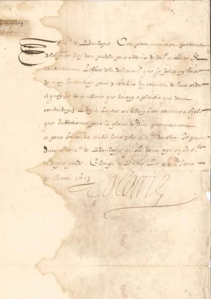 MARIE DE MEDICIS (1573-1642)
Reine de France, femme d'Henri IV et mère de Louis XIII. L.S., Paris 20 mars 1613, à l'évêque de Boulogne (Claude Dormy); demi-page in-fol. (forte mouillure, portrait gravé joint). « Ces peres minimes porteurs de la presente sen vont pardela pour obtenir de votre auctorité & consentement l'eff ect de la déclaration que je vous ay faicte de mon intention pour y establir un couvent de leur ordre à quoy je vous asseure que j'auray à plaisir que vous contribuyez l'un et lautre ou besoin sera comme à chose que jaff ectionne pour la gloire de Dieu premierement et pour favoriser aussi leur zele et saincte devotion »...*