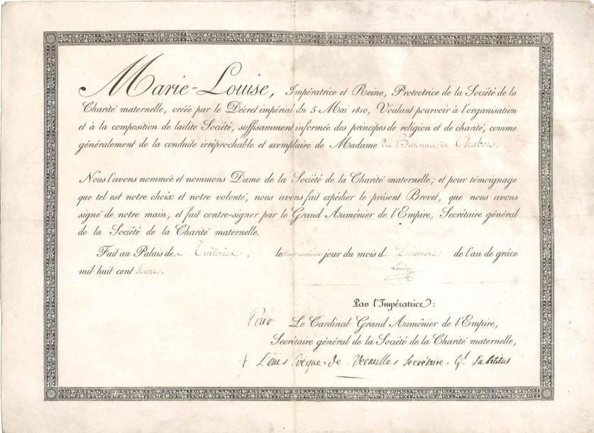 MARIE-LOUISE (1791-1847) Impératrice. P.S. « Louise », Tuileries 29 décembre 1812; contresigné par Louis Charrier de la Roche, évêque de Versailles; vélin obl. in-fol. en partie impr. Brevet de nomination de la baronne de Chabot comme « Dame de la Société de la Charité maternelle », sous la protection de l'Impératrice.*