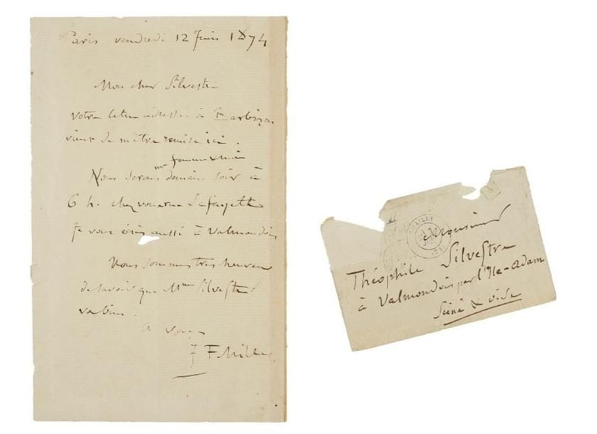 Jean-François MILLET (1814-1875)
Peintre. L.A.S., Paris 12 juin 1874, à Théophile Silvestre à Valmondois; 1 page in-8, enveloppe (petit trou). La lettre qu'il lui a adressée à Barbizon vient de lui parvenir, et il accepte son invitation: « Nous serons ma femme et moi demain soir à 6 heures chez vous rue Lafayette. Je vous écris aussi à Valmondois »... Il se réjouit du rétablissement de Mme Silvestre.*