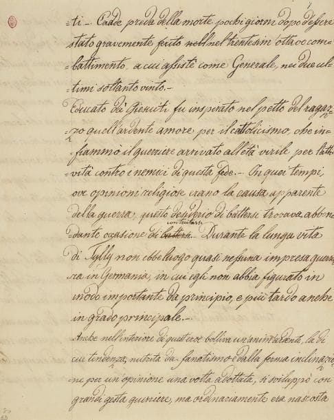 NAPOLÉON II (1811-1832)
Roi de Rome, duc de REICHSTADT, l'Aiglon, fils de Napoléon Ier. Manuscrit autographe (fragment); 2 pages in-4; en italien (portrait gravé joint). Rare feuillet provenant d'un cahier d'écolier, devoir d'histoire en italien au sujet de Johan T'Serclaes, comte de Tilly (1159-1632), le grand homme de guerre et stratège wallon au service du Saint-Empire.... « Éduqué par les Jésuites, il fut inspiré, encore petit garçon, par un amour ardent du catholicisme, qui enflamma le guerrier arrivé à l'âge adulte, dans des activités contre les ennemis de cette foi. En ces temps, lorsque les opinions religieuses étaient la cause apparente de la guerre, ce désir de se battre trouvait d'abondantes occasions de se satisfaire [ici, le maître a corrigé l'Aiglon, qui avait employé un mot impropre]. Durant la longue vie de Tilly, il n'y eut quasiment pas de guerre en Allemagne, dans laquelle il ne joua un rôle important », etc.*