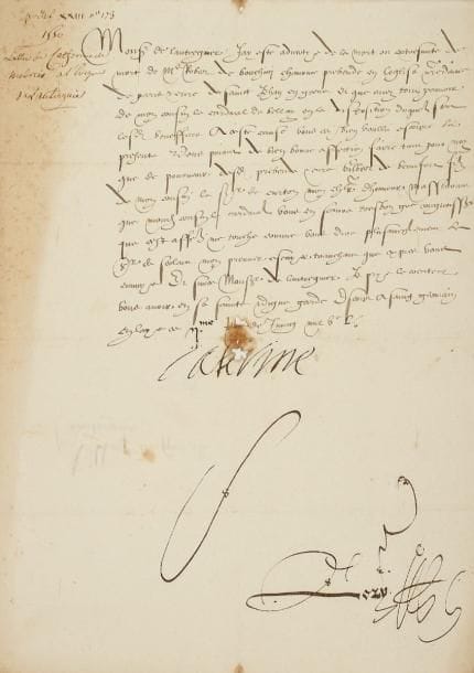 CATHERINE DE MEDICIS (1519-1589)
Reine de France, femme d'Henri II, mère de François II, Charles IX et Henri III. L.S., Saint-Germain en Laye 2 juin 1550, à Monseigneur l'évêque de Lantreguier [Jean VIII Jouvenel des Ursins]; contresignée par Lory; 1 page in-fol., adresse (petit trou au centre). La Reine ayant appris la mort de Mr Robert de Bouchivy chanoine prébende de Notre-Dame de Paris et curé de Saint Jehan en Grève, et que l'évêque a tout pouvoir de « mon cousin le cardinal du Bellay » pour la disposition des bénéfices, elle le prie de donner prébende et cure à Gilbert de Beaufort, fils du S. de Curton, son chevalier d'honneur...*