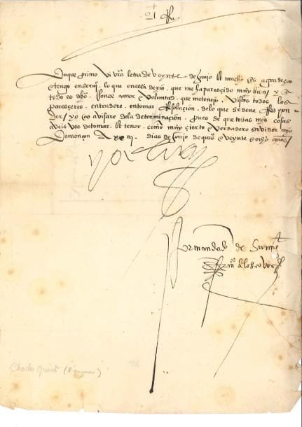 CHARLES QUINT (1500-1588)
Empereur d'Allemagne et Roi d'Espagne. L.S. « Yo el Rey », Monçon 23 juin 1528, au duc del Infantado; 1 page in-4, adresse (un bord un peu eff rangé); en espagnol. Il a bien reçu sa lettre, et a pris note des choses qu'il lui expose, utiles pour prendre une résolution.