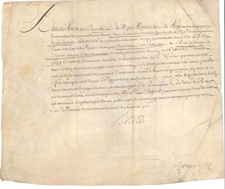 ANNE D'AUTRICHE (1602-1666) Reine de France, femme de Louis XIII, mère de Louis XIV. P.S., Compiègne 21 juin 1650; contresignée par son secrétaire des commandements Hugues de Lionne (1611-1671); vélin in-4 (portrait gravé joint). « La Reyne Regente mere du Roy », souhaitant gratifier honorablement le S. Tissier, huissier de la Chambre, lui fait don, en considération de ses services, de la moitié de ce qui proviendra des droits de vente de la terre de la Ruais vendue par René Ferron S. de La Villandon à René de Guergu et Charles Ranzart S. des Fontenelles...*