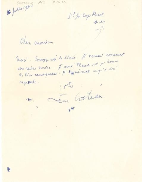 Jean COCTEAU
L.A.S., St Jean Cap-Ferrat 16 juillet 1951; demi-page in-4. « Envoyez moi le livre. Je verrai comment vous rendre service. J'aime Florent et je trouve le livre remarquable. Je devine mal ce qu'on lui reproche »...*