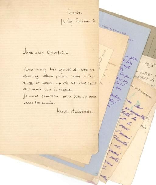 Georges COURTELINE (1858-1929)
Environ 75 lettres, cartes, cartes postales ou télégrammes, la plupart L.A.S. adressées à Georges Courteline. Louis Artus, Henri Barbusse, René Benjamin, Victor Boucher, Brieux, G.-A. de Caillavet, Henri Cain, C. Campinchi, Alfred Capus, Jane Catulle-Mendès, Félicien Champsaur, Jules Claretie, Romain Coolus, François Coppée, Coquelin cadet, Jean Coquelin (2), F. Cormon, Francis de Croisset, Félix Decori, Pierre Decourcelle (2), Léon Dierx, Roland Dorgelès, Raphaël Duflos (3), René Fauchois, Frédéric Febvre, Maurice de Féraudy, Max et Alex Fischer, Robert de Flers, Anatole France, Lucien Fugère (2), Félix Galipaux, Louis Ganne, Paul Gavault, Firmin Gémier (2), Edmond Haraucourt, Denis d'Inès (4), Georges Lecomte, Charles Le Goffic, André de Lorde, Max Maurey, Catulle Mendès (citant Mallarmé), Lucien Métivet, Lucien Muhlfeld, Maurice d'Ocagne, André Pascal (Rothschild), Georges Pioch, Jean Robiquet, Pierre Sardou, Séverin-Mars, Séverine, E. Sicard (2), Gustave Simon, Abel Tarride, Gustave Téry, José Théry (3), Marcelle Tinayre, Pierre Veber, Adolphe Willette, Ignacio Zuloaga, etc. On joint: une carte de Courteline à Romain Coolus, 3 lettres de Mme Courteline, quelques envois à Courteline détachés de livres (J. Aicard, R. Benjamin, Cami, L. Dierx, Ch. Le Goffic, J. Valmy-Baysse, etc.); plus quelques lettres adressées à Jules Moinaux, père de Courteline, par Théodore Barrière, Édouard Detaille, Ad. d'Ennery, Paul Féval, Aurélien Scholl, Armand Silvestre, Paul Siraudin et Alfred Stevens