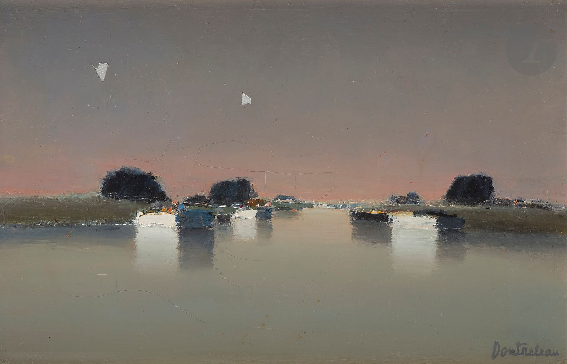 Pierre DOUTRELEAU (né en 1938)
Canal à Sète
Huile sur toile.
Signée en bas à droite.
(Craquelures et deux manques).
27 x 41 cm