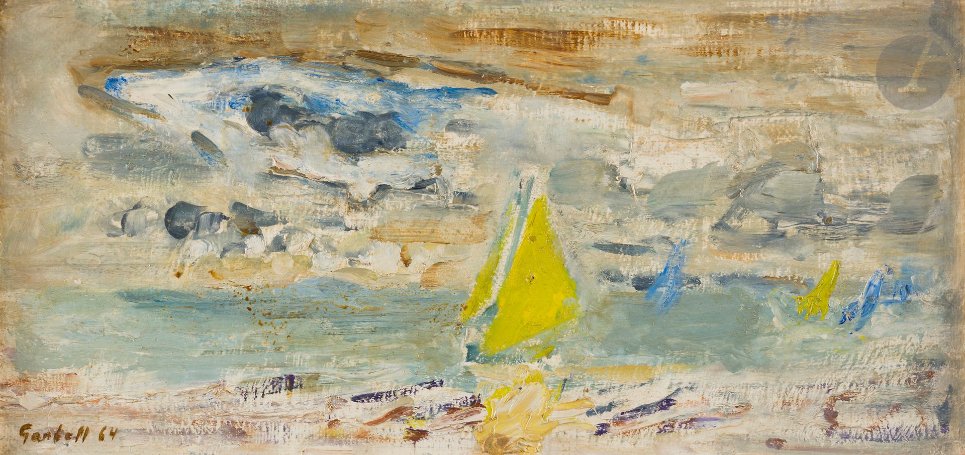 Alexandre Sasha GARBELL 
(1903-1970)
Le Voilier jaune
Huile sur panneau.
Signée en bas à gauche.
Titrée au dos.
20,5 x 41,5 cm

Provenance : 
Galerie Framond, Paris (étiquette au dos sur le montage).