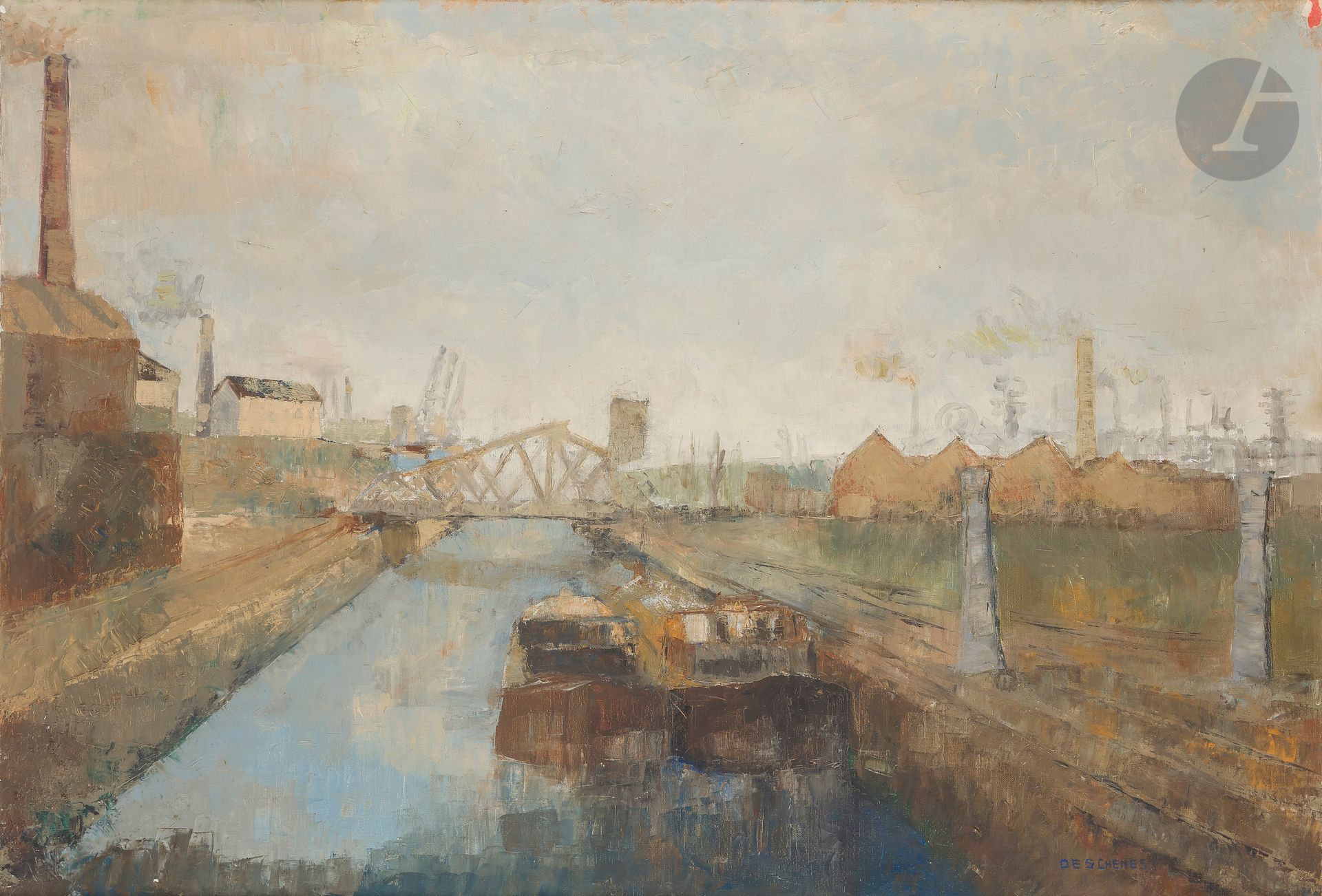François DESCHENES (XXe SIECLE)
Canal au Havre, vers 1962
Huile sur toile.
Signée en bas à droite.
Titrée au dos.
81 x 116 cm

Exposition : 
Salon d’Automne, 54e exposition, octobre 1962, n°1152.