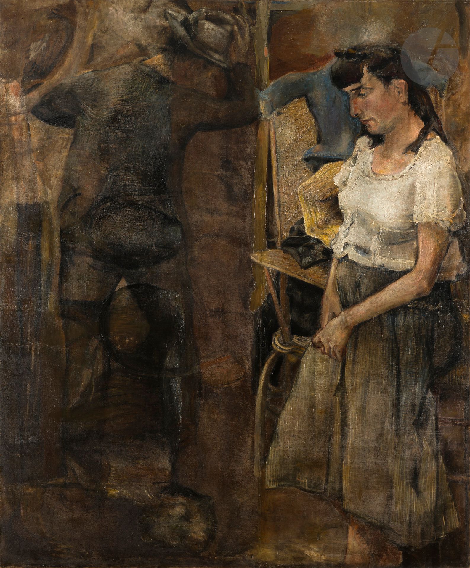 Paul REBEYROLLE (1926-2005)
Au Revoir Madame, vers 1950
Huile sur toile.
200 x 163 cm

Expositions : 
- Galerie Drouant-David, Paris, 27 février - 30 mars 1951
- Galleries of Watercolour Society, Londres, 18 juin - 7 juillet 1956.

Bibliographie : 
- Pierre Descargues, Paul Rebeyrolle, Presses littéraires de France, Paris, 1951.
- Rebeyrolle, Marlborough Fine Arts Ltd, Londres, 1956, n°44 non reproduit.

Nous remercions Madame Nathalie Rebeyrolle, fille de l’artiste et présidente de l’Espace Paul Rebeyrolle, pour les informations qu’elle nous a transmises. Cette œuvre sera incluse au catalogue raisonné en cours de préparation.