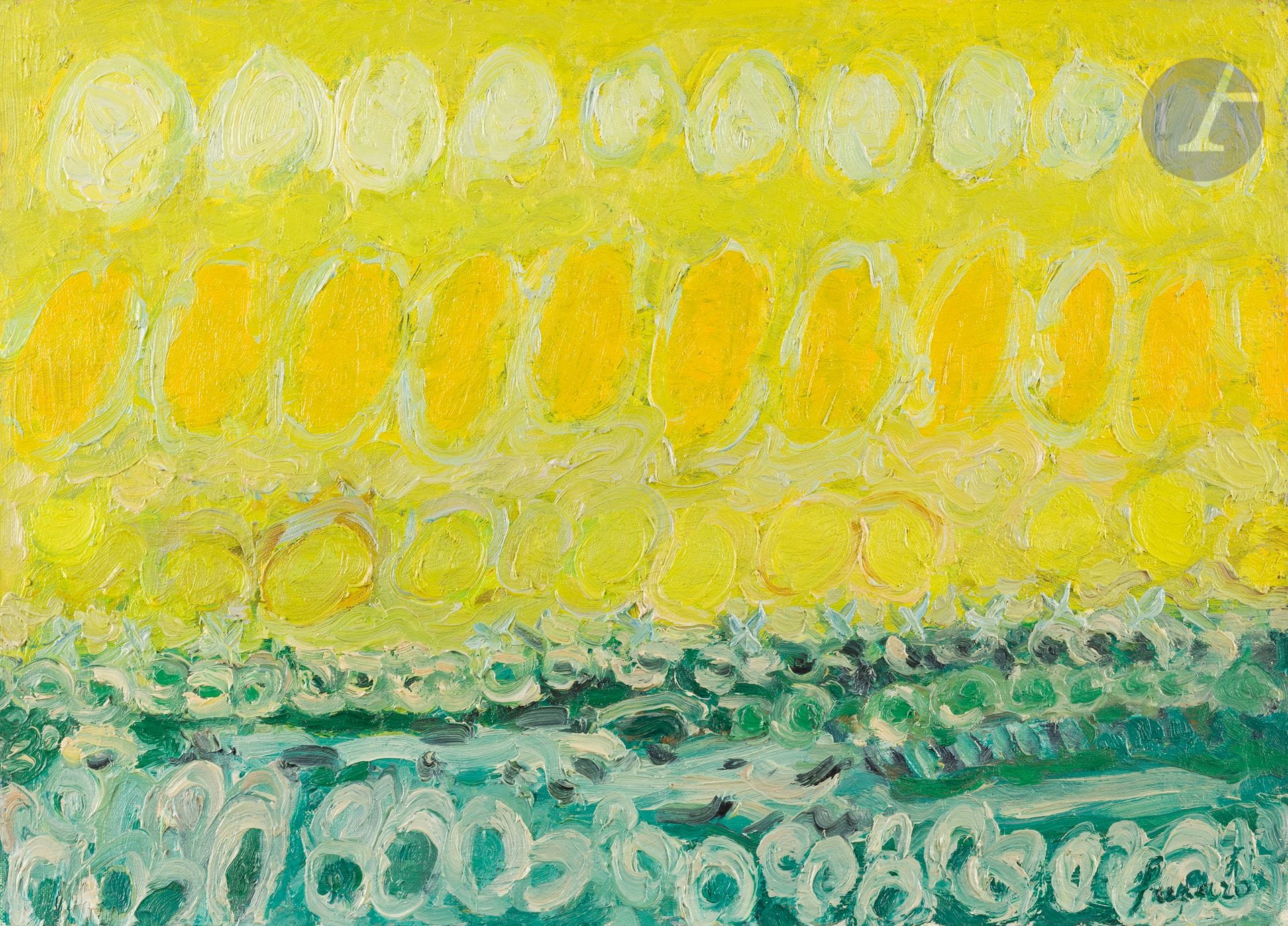 Jean FUSARO (né en 1925)
Les Champs d’artichauts, 1965
Huile sur toile.
Signée en bas à droite.
Signée, datée et titrée au dos.
33 x 46 cm

Provenance : 
Galerie Framond, Paris (étiquette au dos).