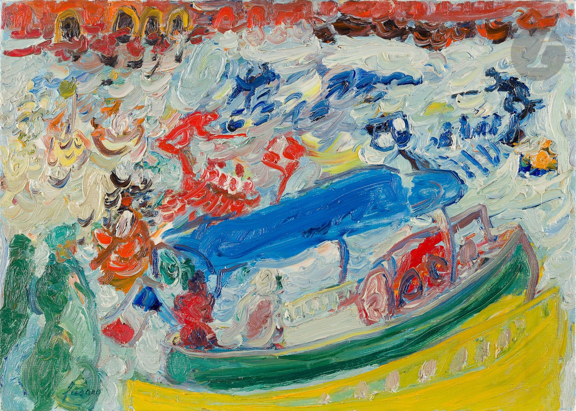 Jean FUSARO (born in 1925)
Water in celebration, 1966
Oil on canvas.
Signed lower left.
Signed, dated and titled on the back.
33 x 46 cm

Provenance : 
Galerie Framond, Paris (label on the back on the frame).