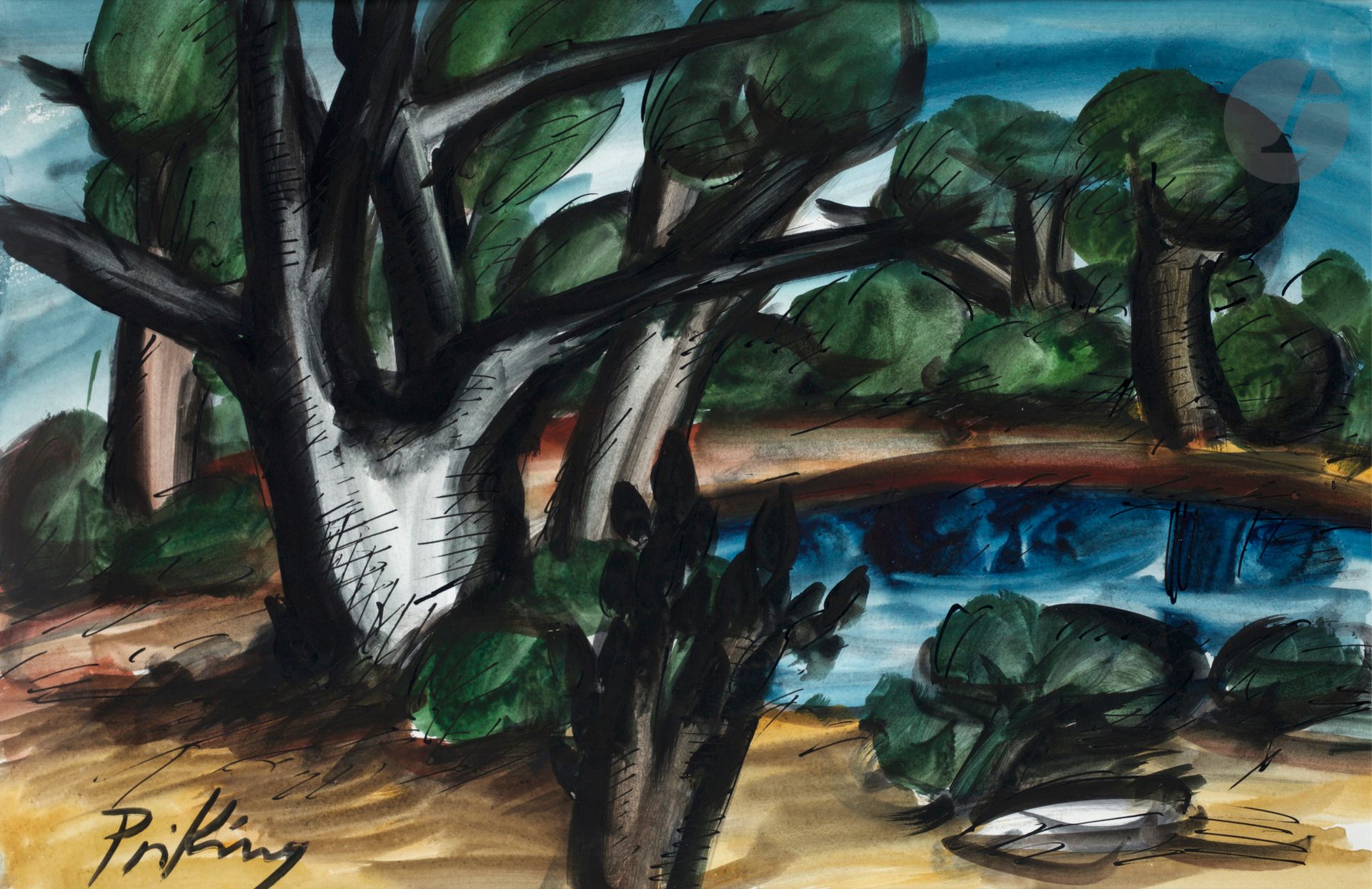 Franz PRIKING (1929-1979)
Landscape at the river, 1965
Ink and gouache.
Signed lower left.
32 x 50 cm