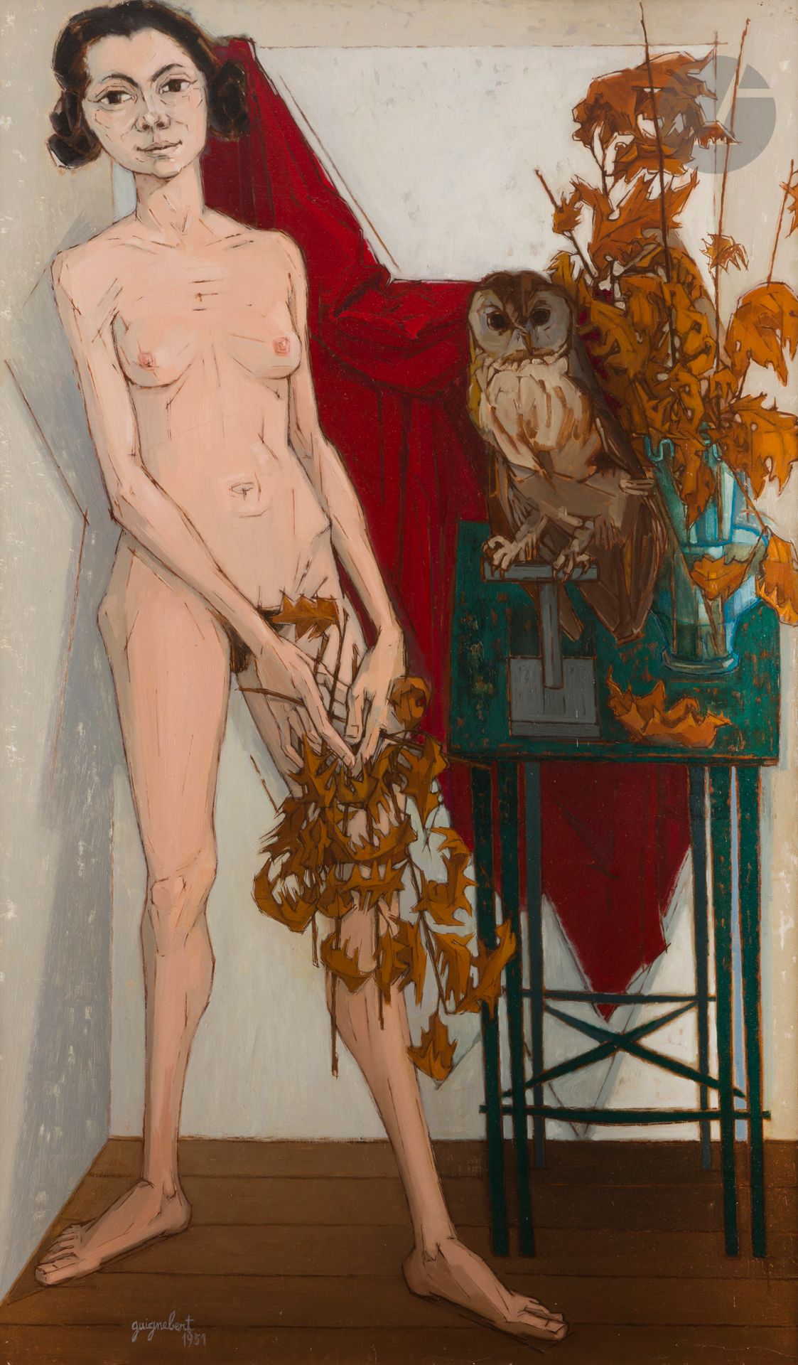 Jean-Claude GUIGNEBERT (1921-1989)
Nu à la chouette, 1951
Huile sur toile.
Signée et datée en bas à gauche.
146 x 89 cm

Provenance : 
- Galerie Drouand-David, Paris.
- Collection Emmanuel David.
- Vente Mes Loiseau, Schmitz et Digard, Saint-Germain-en-Laye, 5 avril 1998.
- Collection particulière, Paris.

Expositions : 
- Salon de la Société nationale des Beaux-Arts, Paris, 1951.
- Les Années 1950, L’Alternative figurative, musée d’art Roger Quilliot, Clermont-Ferrand, 12 juin - 28 octobre 2007, n°23, reproduit p.47.

Bibliographie : 
- Arts n°310, 11 mai 1951, reproduit.
- Eric Mercier, Le Misérabilisme dans la Jeune Peinture des années 50 in Gazette de l’Hôtel Drouot, n°42, 22 novembre 2002, reproduit p. 311.
- Eric Mercier, Années 50, La Jeune peinture, L’Alternative figurative, Tome I, Zurich, Artacatos, 2010, reproduit p. 446.