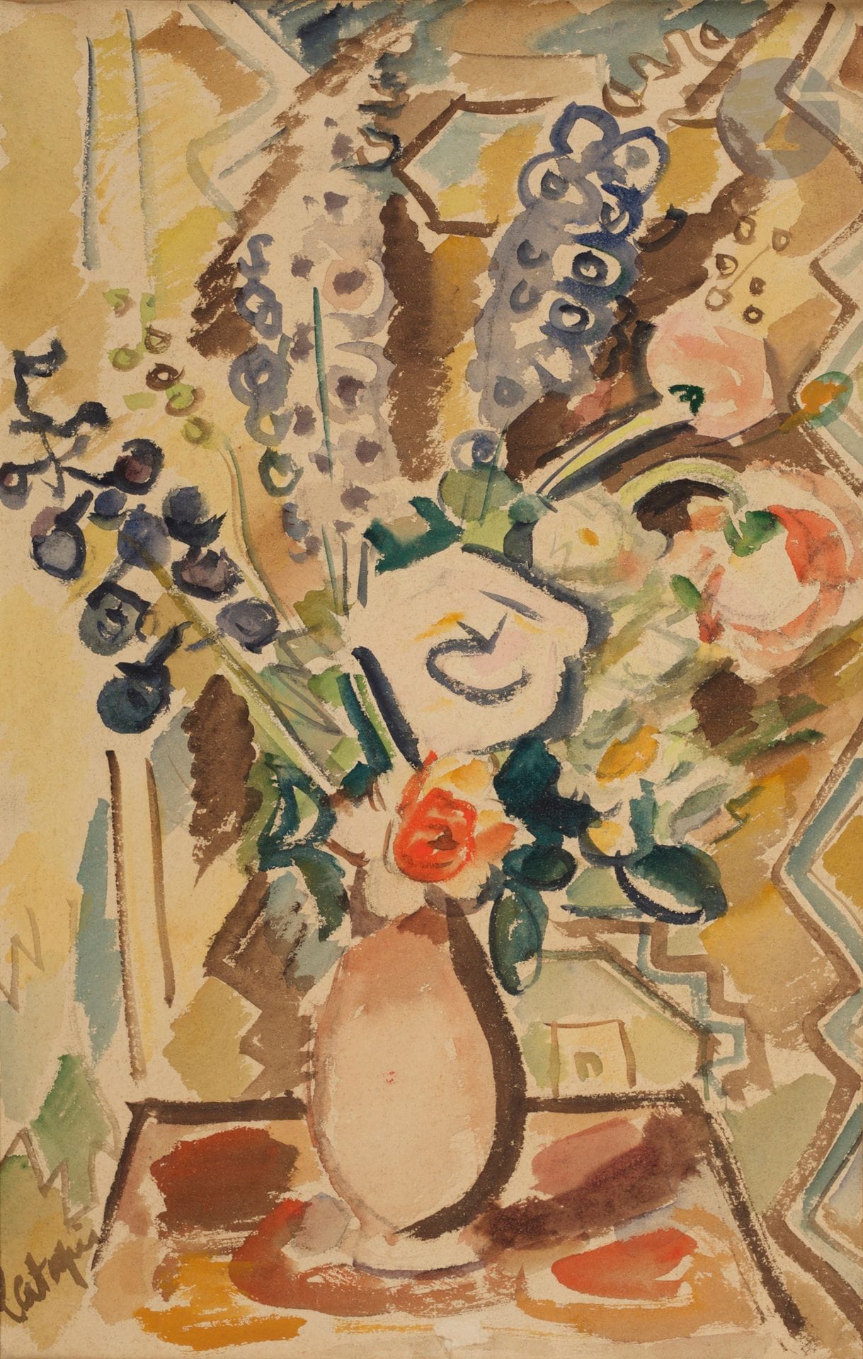 Louis LATAPIE (1891-1972)
Vase aux fleurs
Gouache sur papier marouflé sur toile.
Signée en bas à gauche.
(Déchirure en bas au centre).
50 x 31 cm