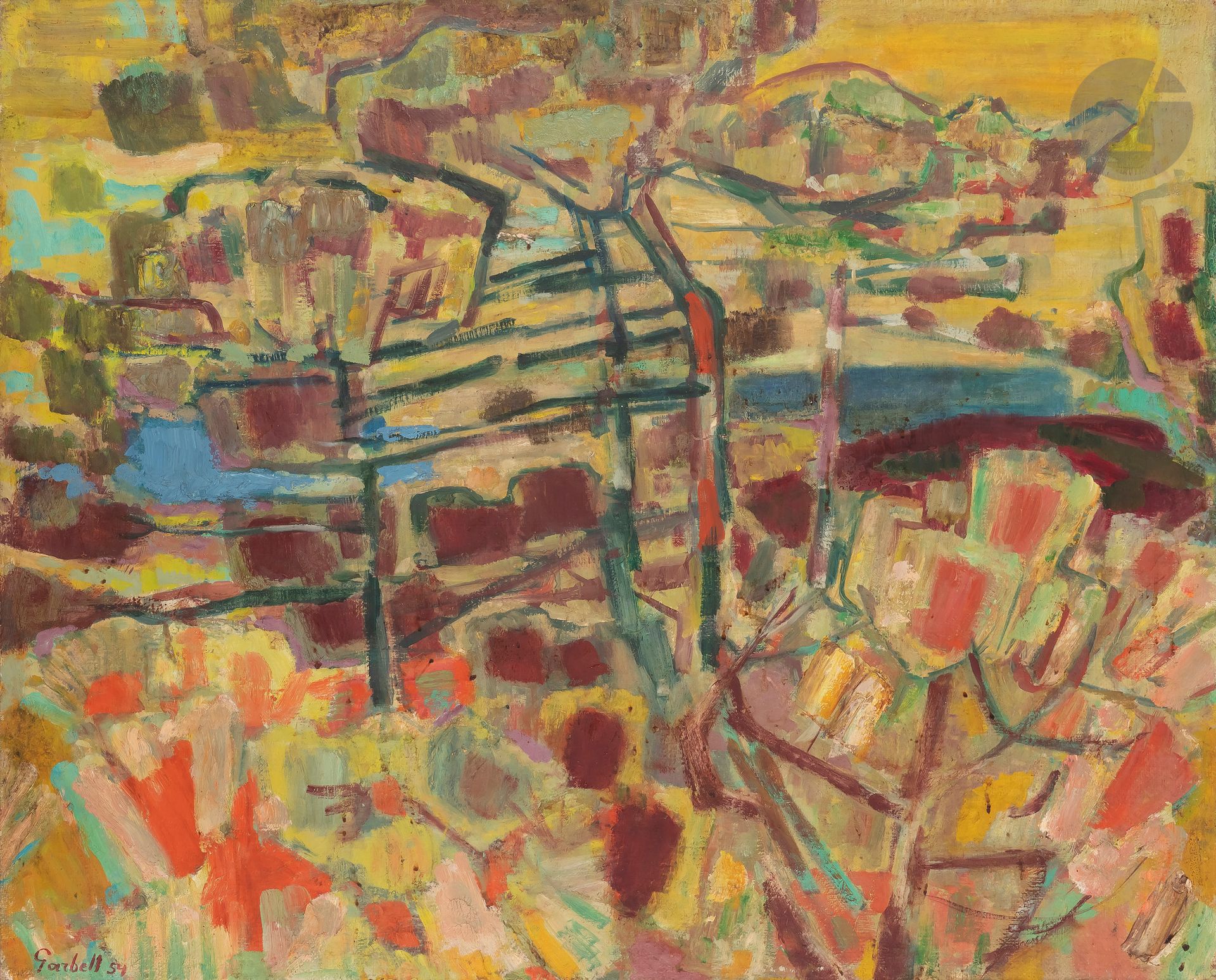 Alexandre Sasha GARBELL (1903-1970)
La Nartelle, 1954
Huile sur toile.
Signée en bas à gauche.
Timbrée et numéro d’archives au dos : « 212 ».
90 x 100 cm