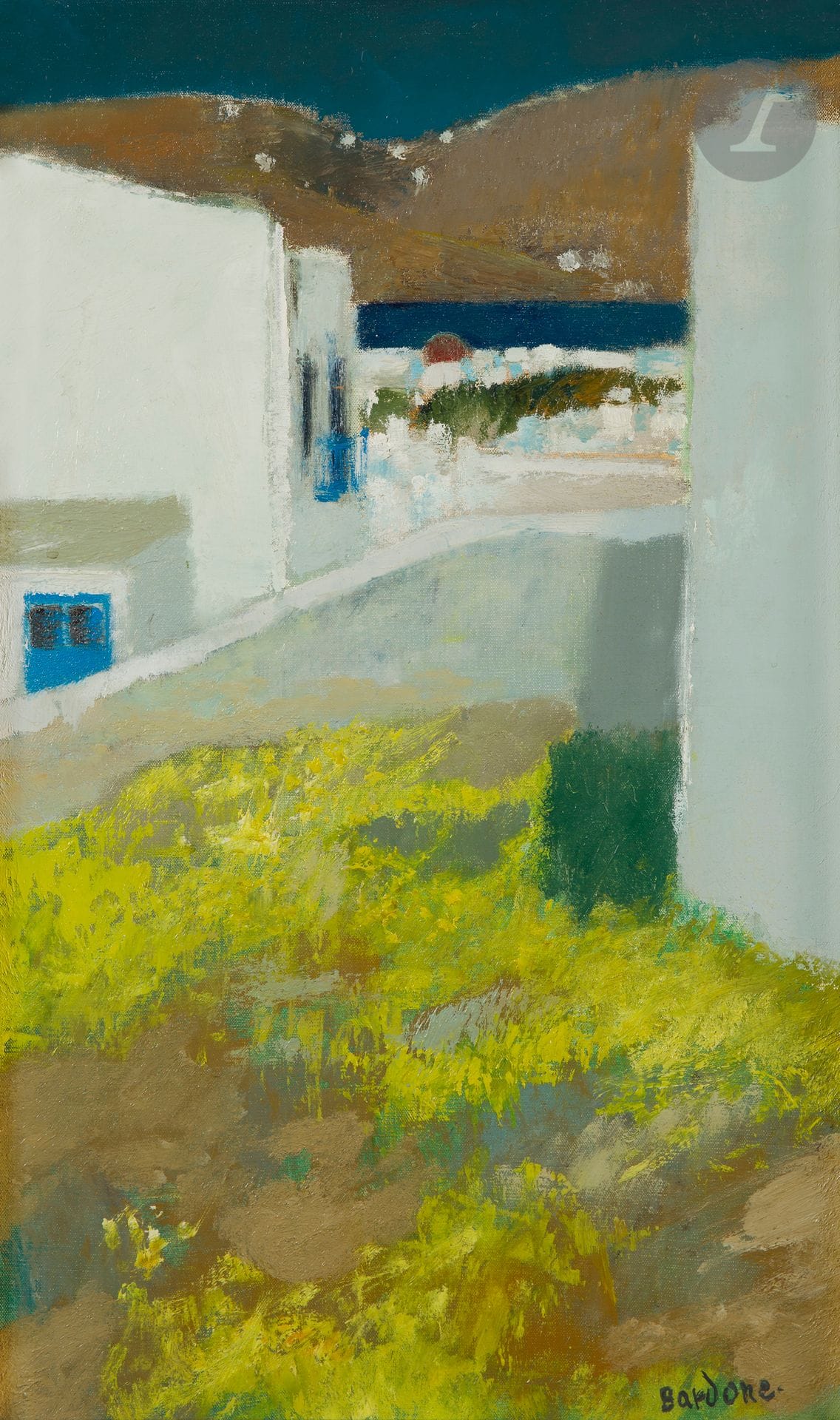 Guy BARDONE (1927-2015)
Mykonos, la prairie jaune, 1974
Huile sur toile.
Signée en bas à droite.
Signée, datée et titrée au dos sur le châssis.
55 x 33 cm