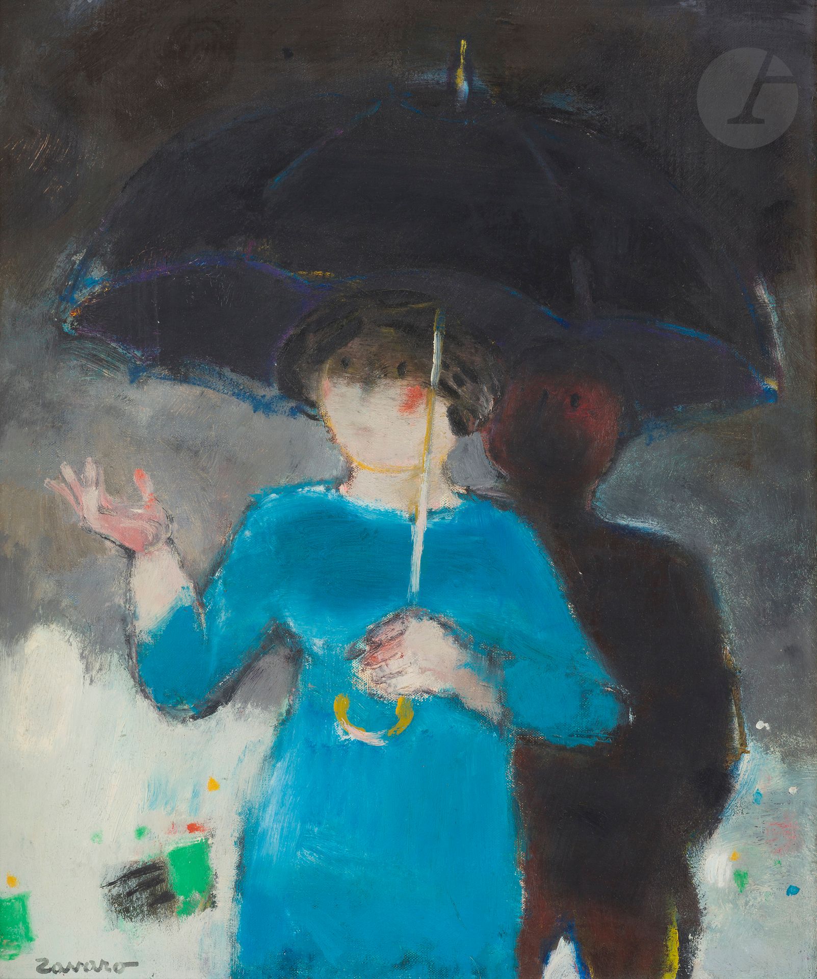 Albert ZAVARO (1925-2022)
Woman with umbrella
Oil on canvas.
Signed lower left.
55 x 46 cm

Provenance : 
Galerie Framond, Paris (label on the back on the frame).