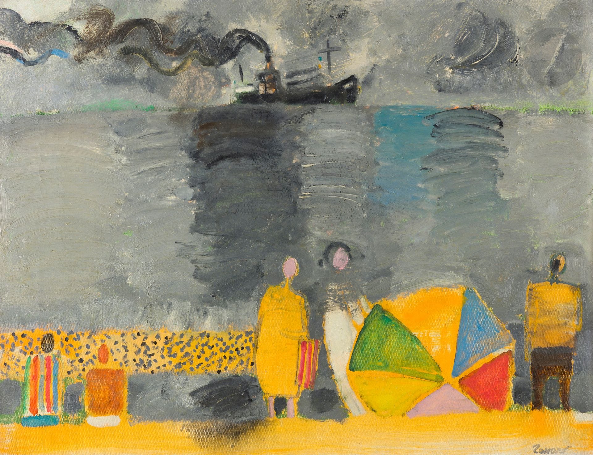 Albert ZAVARO (1925-2022)
Plage jaune, mer grise, 1968
Huile sur toile.
Signée en bas à droite.
50 x 65 cm

Provenance : 
Galerie Framond, Paris (étiquette au dos sur le châssis).