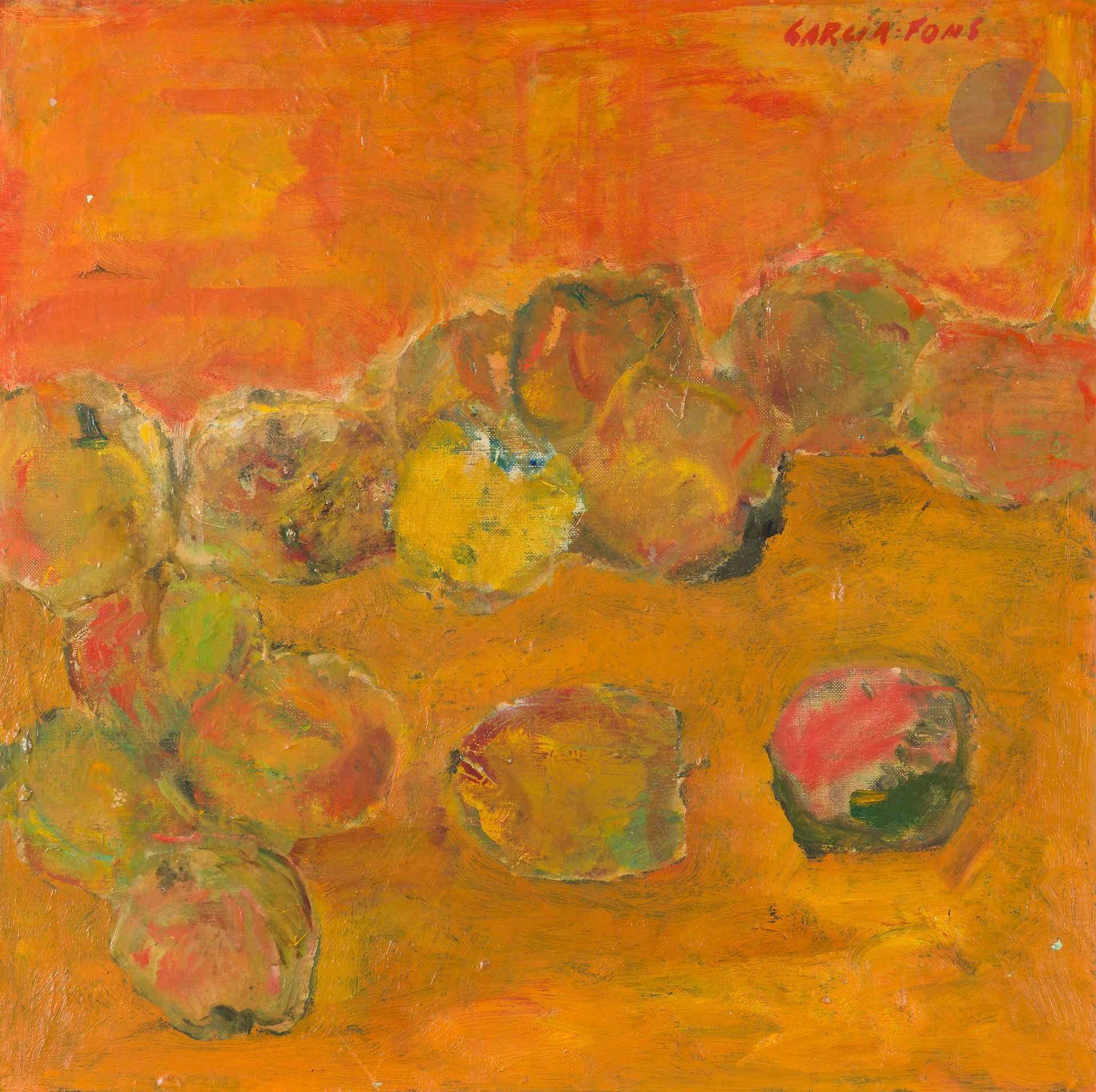 Pierre GARCIA-FONS (1928-2016)
14 apples, 1964
Oil on canvas.
Signed in the upper right corner.
Signed, dated and titled on the back.
50 x 50 cm

Provenance : 
Galerie Framond, Paris (label on the back on the frame).