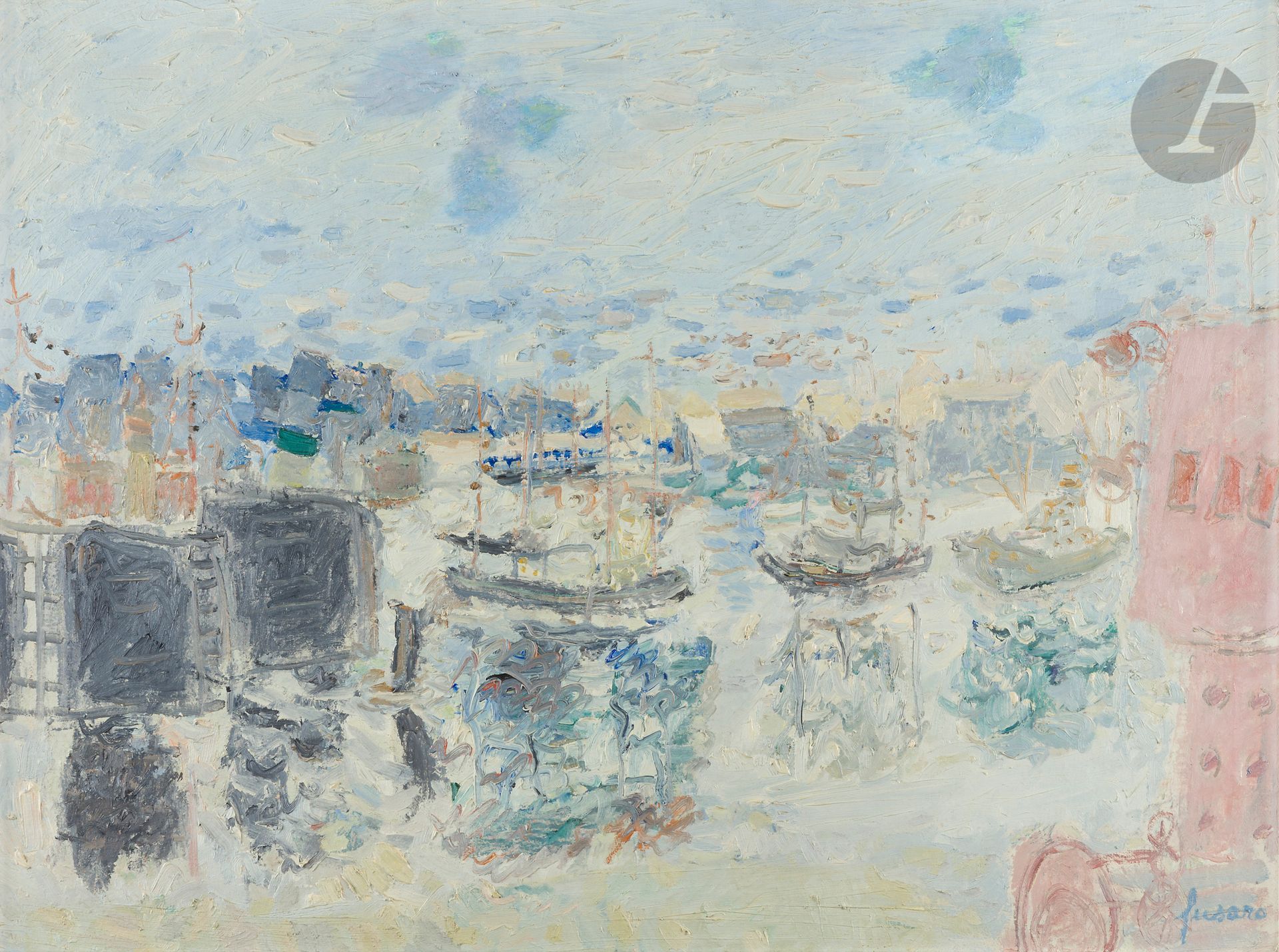 Jean FUSARO (né en 1925)
Quai à Boulogne, 1963
Huile sur toile.
Signée en bas à droite.
Signée, datée et titrée au dos.
54 x 73 cm