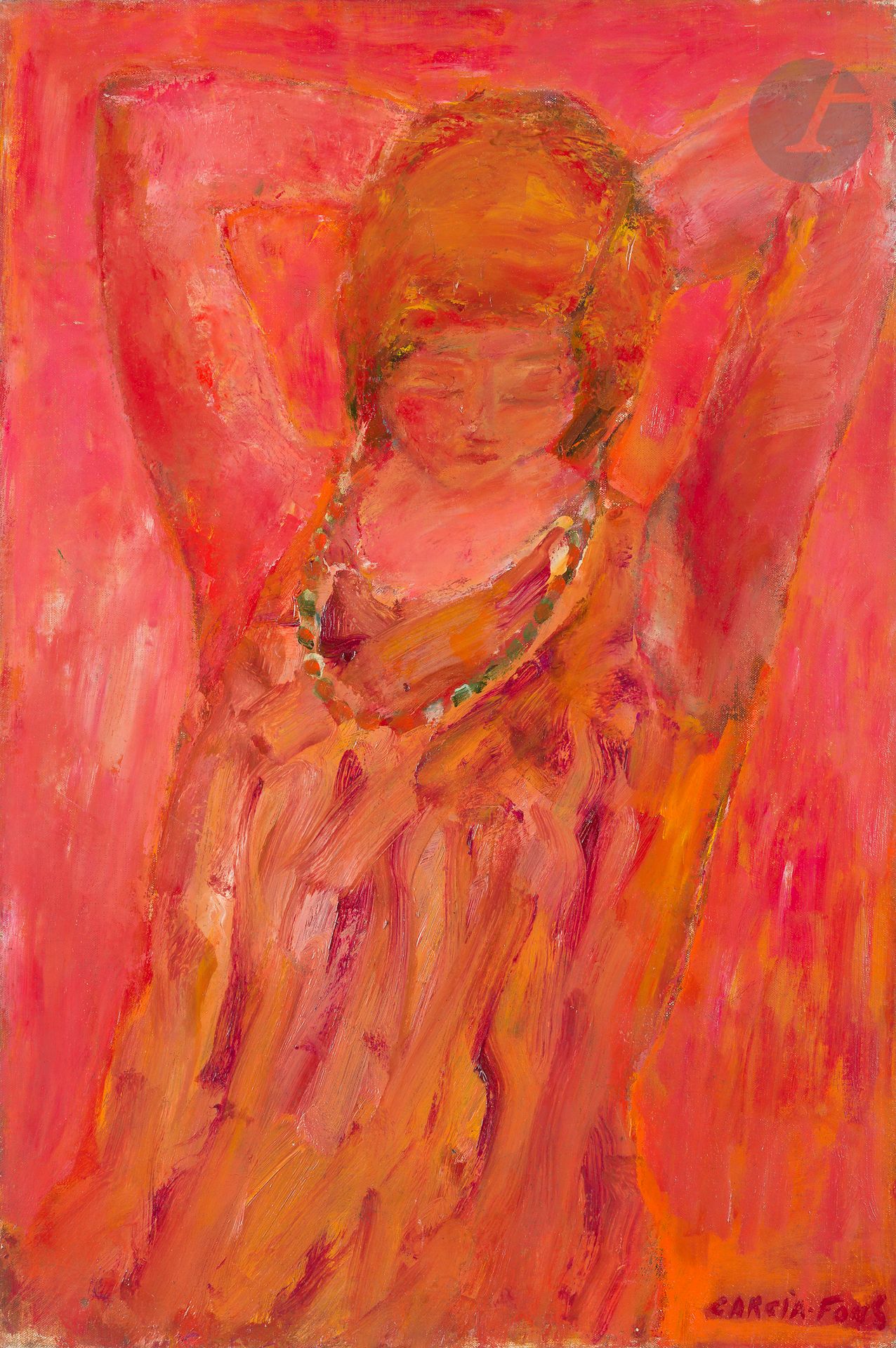 Pierre GARCIA-FONS (1928-2016)
Jeune fille rouge au collier, vers 1960-65
Huile sur toile.
Signée en bas à droite.
Signée et titrée au dos.
55 x 38 cm

Provenance : 
Galerie Framond, Paris (étiquette au dos sur le châssis).