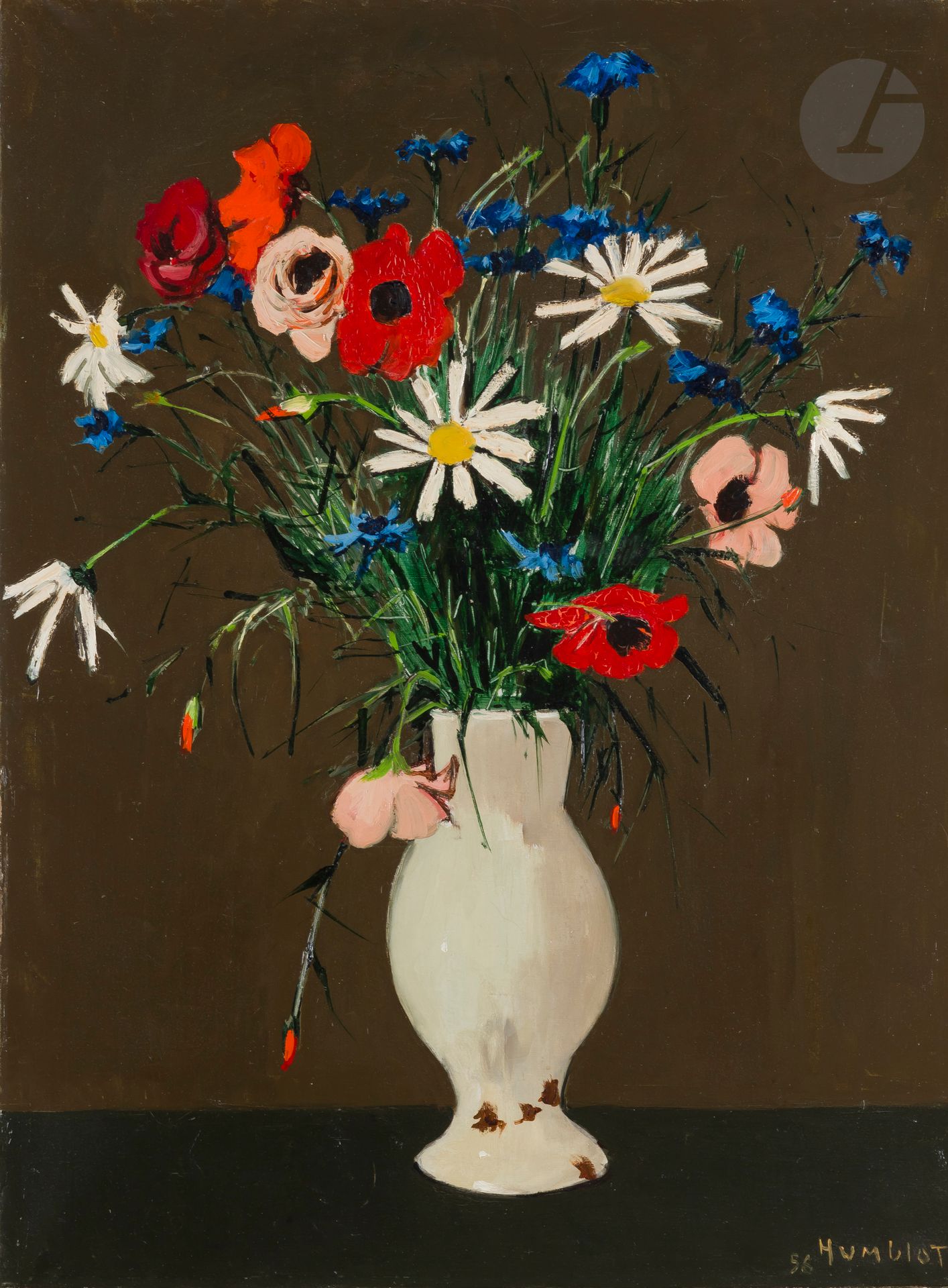Robert HUMBLOT (1907-1962)
Vase de fleurs, 1956
Huile sur toile.
Signée et datée en bas à droite.
81 x 60 cm