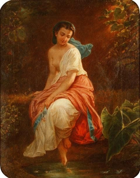 ECOLE FRANCAISE du XIXe siècle
Femme au bord de l'eau Huile sur toile. Porte une signature en bas à droite. (accidents et restaurations) H: 45.50 x L: 36 cm