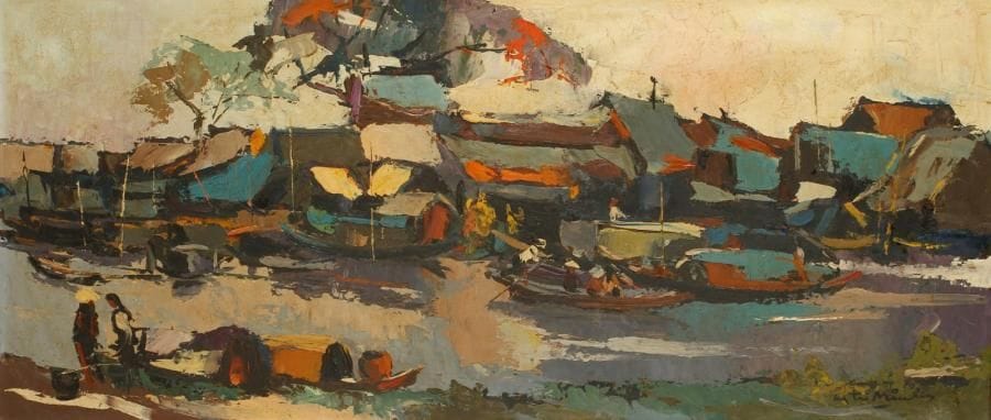 ECOLE VIETNAMIENNE
Village vietnamien au bord de l'eau Huile sur isorel. H: 40 x L: 90 cm