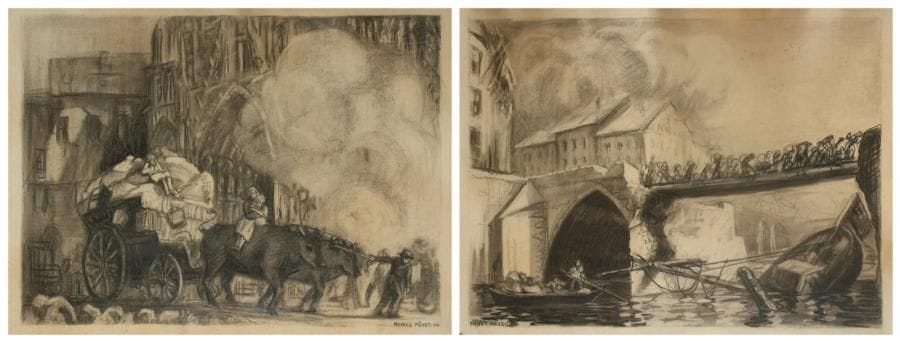 Maurice FIEVET
La débâcle. Deux dessins au fusain. Signés en bas l'un à gauche, l'autre à droite 	 H: 47 x L: 67 cm
