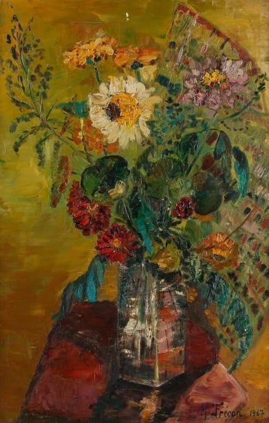 Maria FRECON (né en 1914)
Tournesols dans un vase Huile sur toile. Signée et datée 1967 H: 81 x L: 54 cm