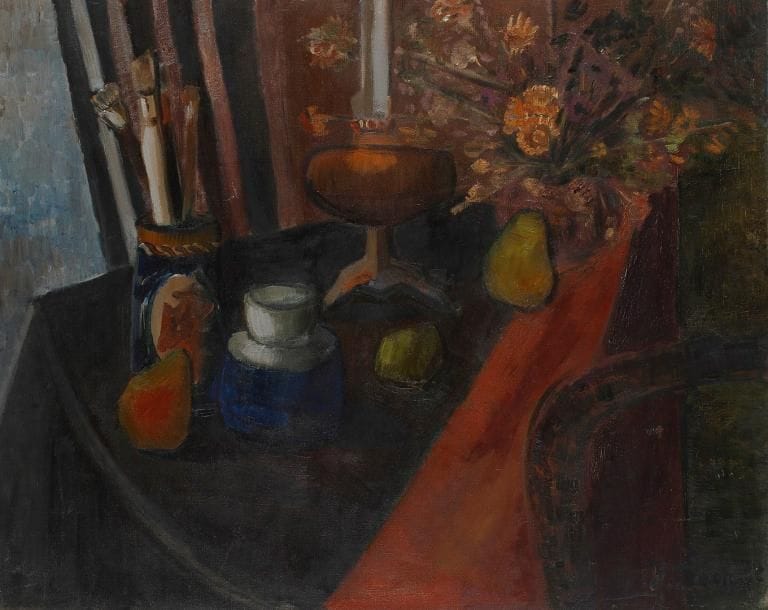 Maria FRECON (né en 1914)
Fruits, pinceaux et lampe à pétrole Huile sur toile. H: 81 x L: 65 cm