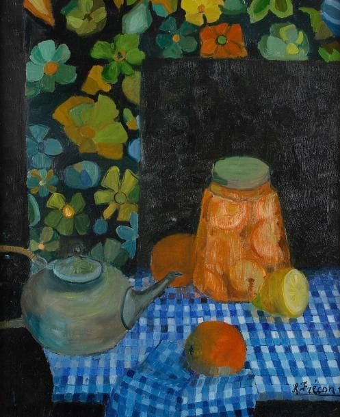 Maria FRECON (né en 1914)
Nappe à carreaux bleu et blanc Huile sur toile. H: 55 x L: 46 cm