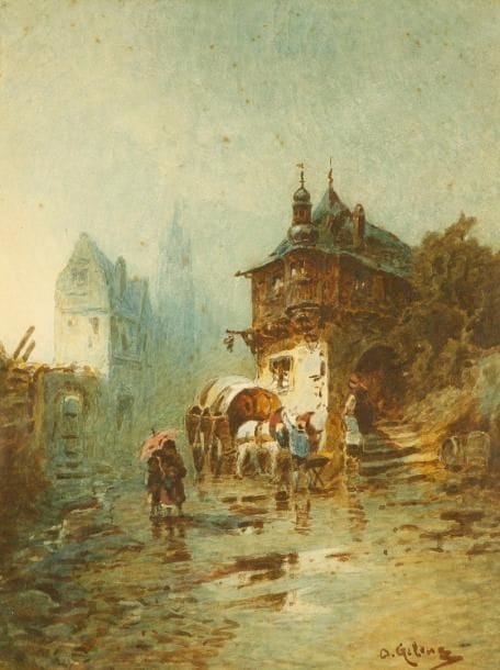 Otto GELENG (1843-1939)
Rue animée sous la pluie Aquarelle. Signée en bas à droite. (rousseurs) H: 22.50 x L: 29.50 cm